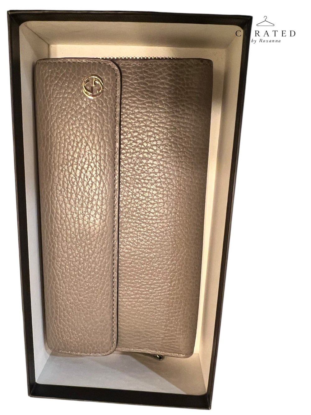 Gucci Interlocking G Taupe Leather Zip Wallet Clutch w/ Box